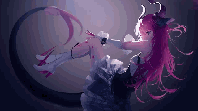 a girl with pink hair and horns is wearing a dress