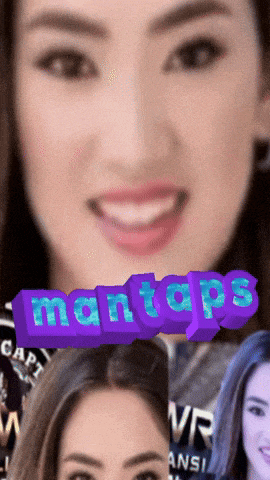 a woman 's face is behind a purple mantops logo