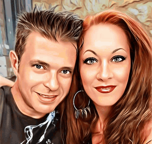 a man and a woman are posing for a picture and the woman is wearing red lipstick