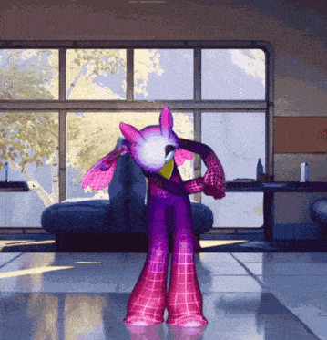 a cartoon character in a pink and purple outfit is dancing