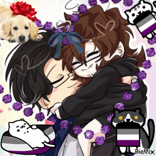 a cartoon drawing of a man and a woman hugging with purple flowers and a cat and a dog in the background