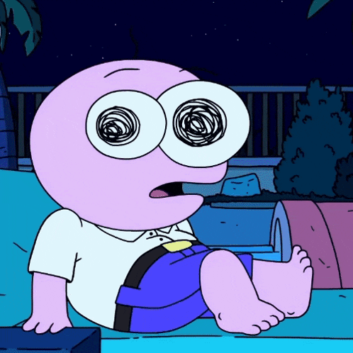 a cartoon character with a swirl in his eyes is sitting on a ledge