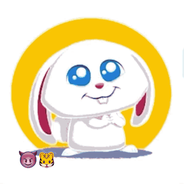 a cartoon rabbit with blue eyes and a yellow circle behind it