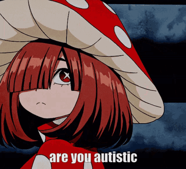 a girl with red hair wearing a red and white mushroom hat says " are you autistic "