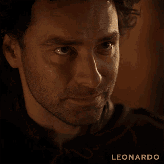a close up of a man 's face with the name leonardo on the bottom right