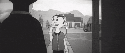 a black and white cartoon of a man talking on a phone
