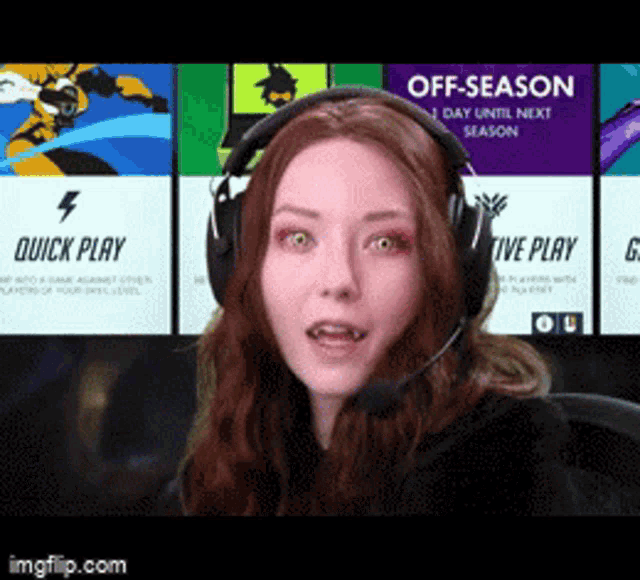 a woman wearing headphones and a microphone with the words quick play on the screen