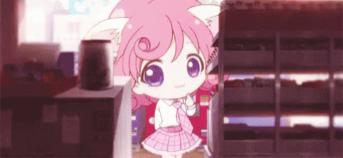 a little girl with pink hair and cat ears is standing in front of a vending machine .