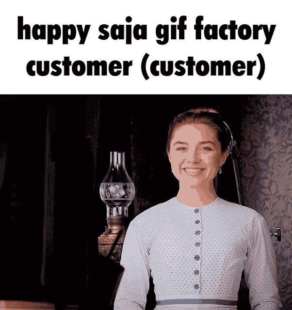 a woman is smiling in front of a lamp with the caption happy saja gif factory customer customer