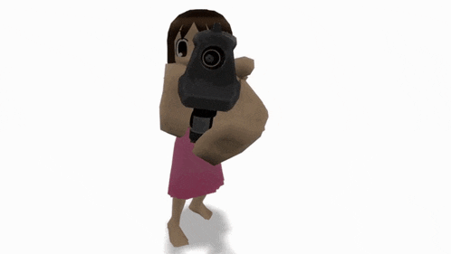 a cartoon girl in a pink dress is holding a large gun