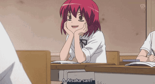 a girl with red hair is sitting in a classroom with a sign that says a. aisaka-san