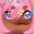 a close up of a person 's face with a pink hair and purple eyes .