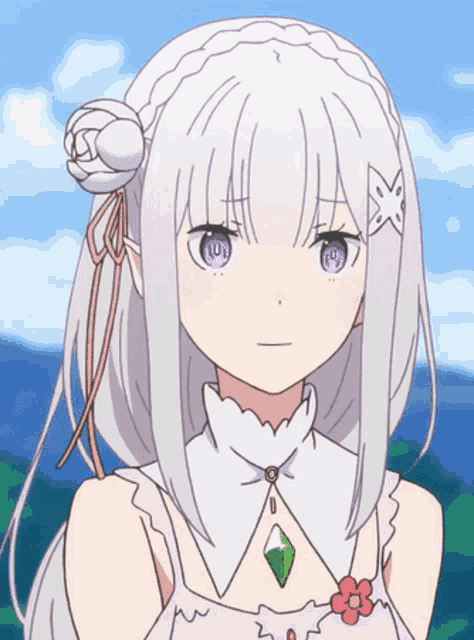 a girl with white hair and purple eyes is wearing a pink dress and a green necklace
