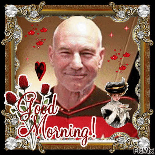 a picture of a man in a red shirt with the words good morning on it