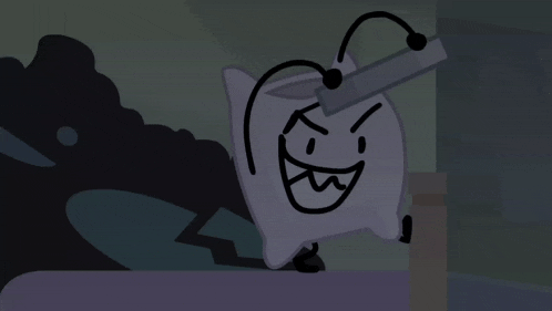 a cartoon drawing of a pillow with a knife on its head