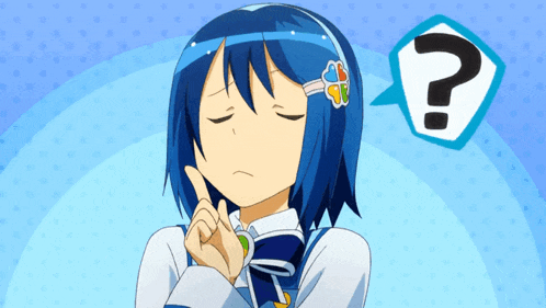 a girl with blue hair has a question mark in a speech bubble