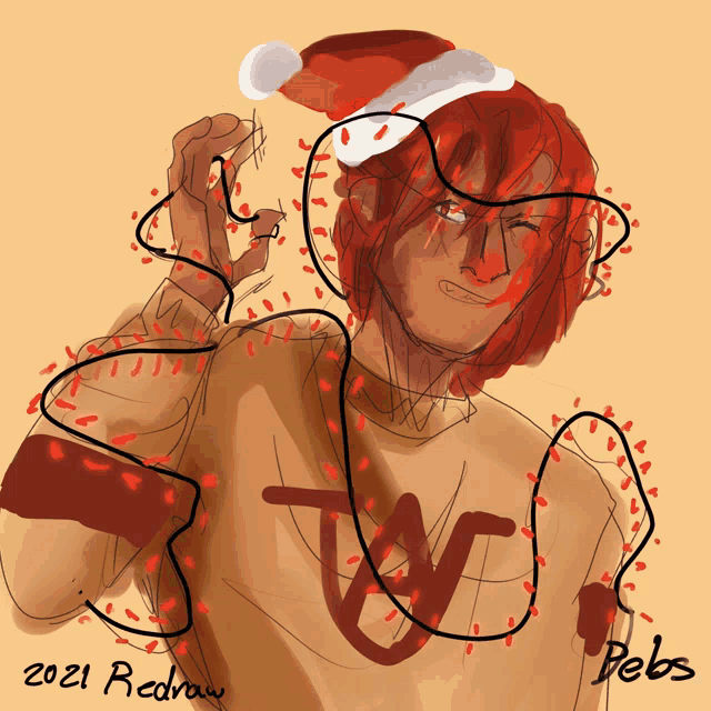 a drawing of a person wearing a santa hat and christmas lights with the year 2021 on the bottom