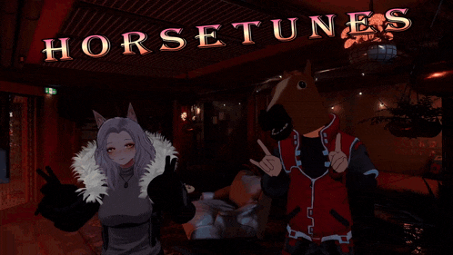 a poster for horsetunes shows a woman and a man standing next to each other