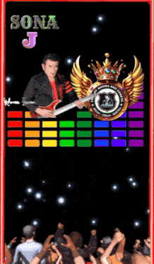a poster for sona j shows a man playing a guitar