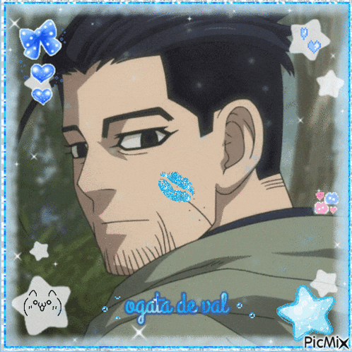 a picture of a man with a kiss on his cheek and the name ogata de val
