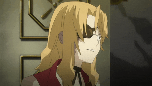 a blonde anime character with glasses and a red shirt
