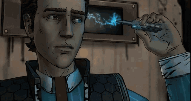 a cartoon of a man holding a device with an arrow pointing to it