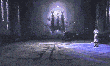 a girl is standing in a dark room with a labyrinth