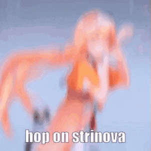 a girl with long blonde hair is standing in front of a blue background and says `` hop on strinova '' .