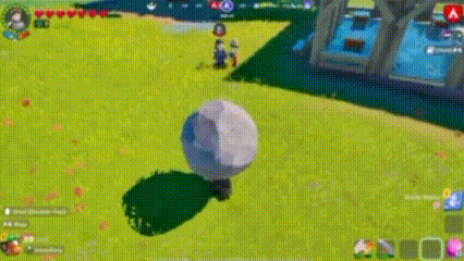 a person is riding a hot air balloon in a video game while standing in a field .