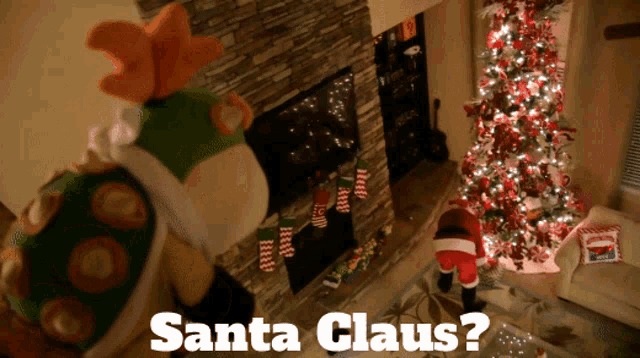 a video game character is standing in front of a christmas tree with santa claus written on the bottom