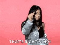 a woman in a silver jacket is dancing on a pink background and says `` that 's right billy ! ''