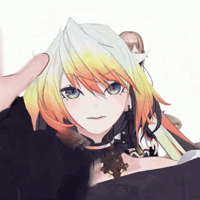 a close up of a person 's hand touching a anime girl 's hair