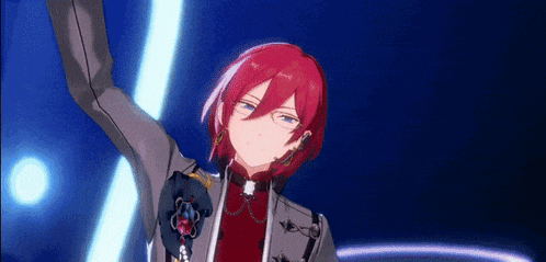 a anime character with red hair and glasses is standing on a stage with his arms outstretched .