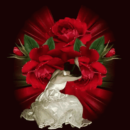 a woman in a white dress is kneeling in front of a bouquet of red roses
