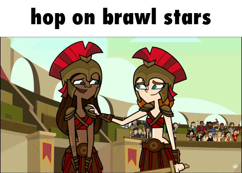 a cartoon of two women with the words hop on brawl stars below them
