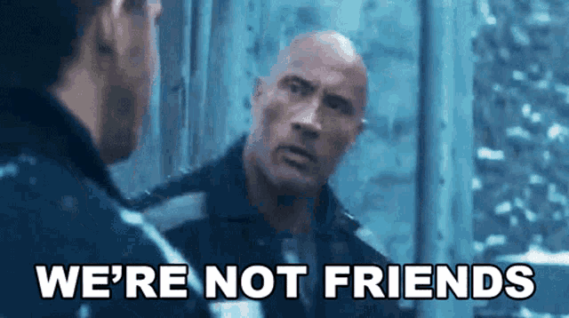 a man talking to another man with the words " we 're not friends " written above him