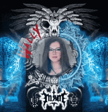 a picture of a woman in a frame with a skull and a jaguar on the bottom