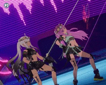 two anime girls are dancing in front of a purple background with the number p3 on it