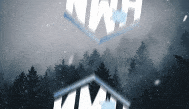 a snowy forest with a house in the foreground and the letters nwt on top