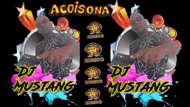 an ad for acoisona dj mustang shows a man pointing at a speaker