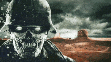 a skull wearing a helmet stands in front of a desert scene