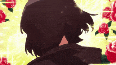 a close up of a person 's back with roses in the background