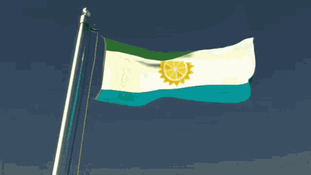 a green white and blue flag with a yellow sun in the center