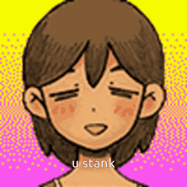 a pixel art drawing of a girl with her eyes closed and the words `` u stank '' below her .