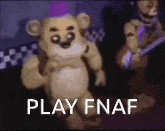 a teddy bear with a purple hat and the words `` play fnaf '' written on it .
