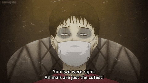 a man with a mask on his face says " you two were right animals are just the cutest "