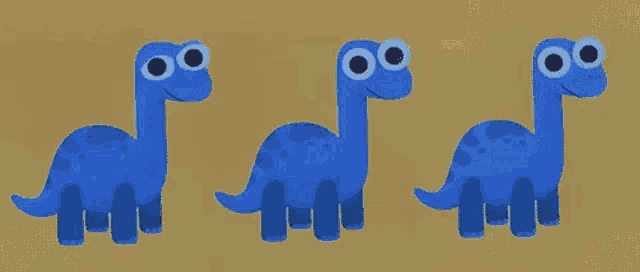 three blue dinosaurs are lined up on a yellow background