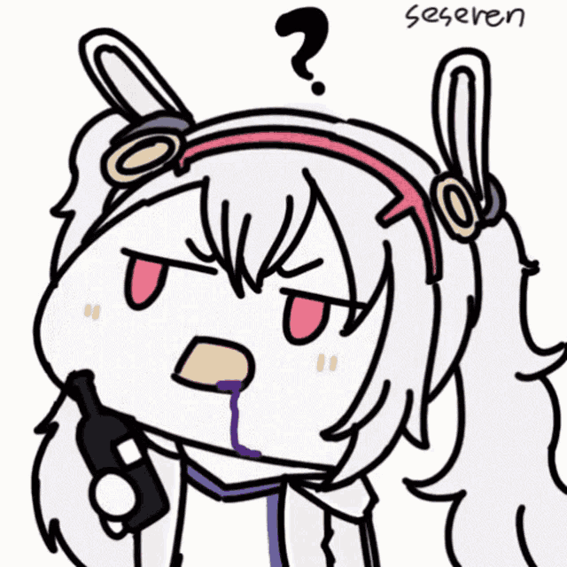 a drawing of a girl with a bottle of wine and a question mark on her head