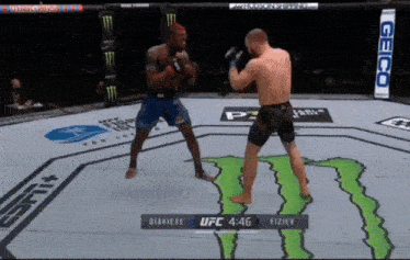two men are fighting in a ufc ring with a monster on the ground