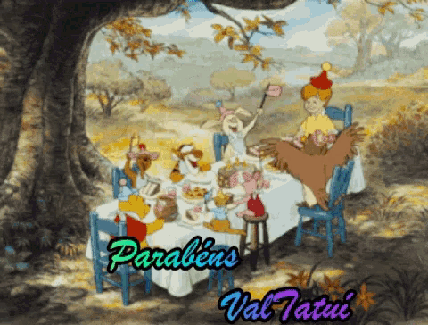 a cartoon of winnie the pooh and friends with the words parabéns val tatui below them